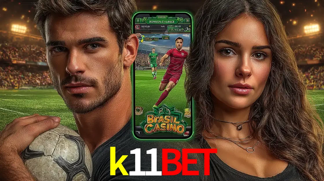 Homem segurando uma bola de futebol e uma mulher ao lado de um smartphone exibindo o jogo de apostas esportivas da k11bet. Faça seu palpite no cassino online.